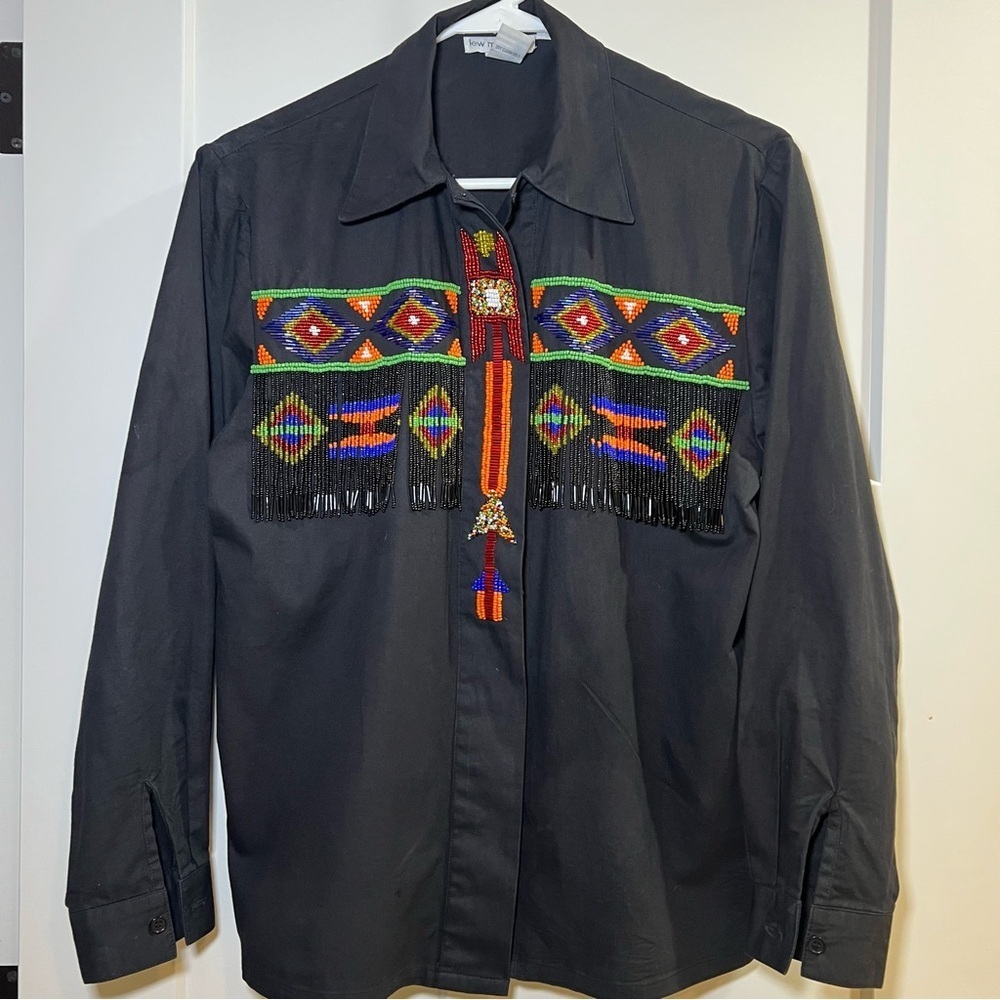 Vintage LEW MAGRAM WOMEN'S Size 6 BLACK COTTON BEADED FRINGE WESTERN SHIRT